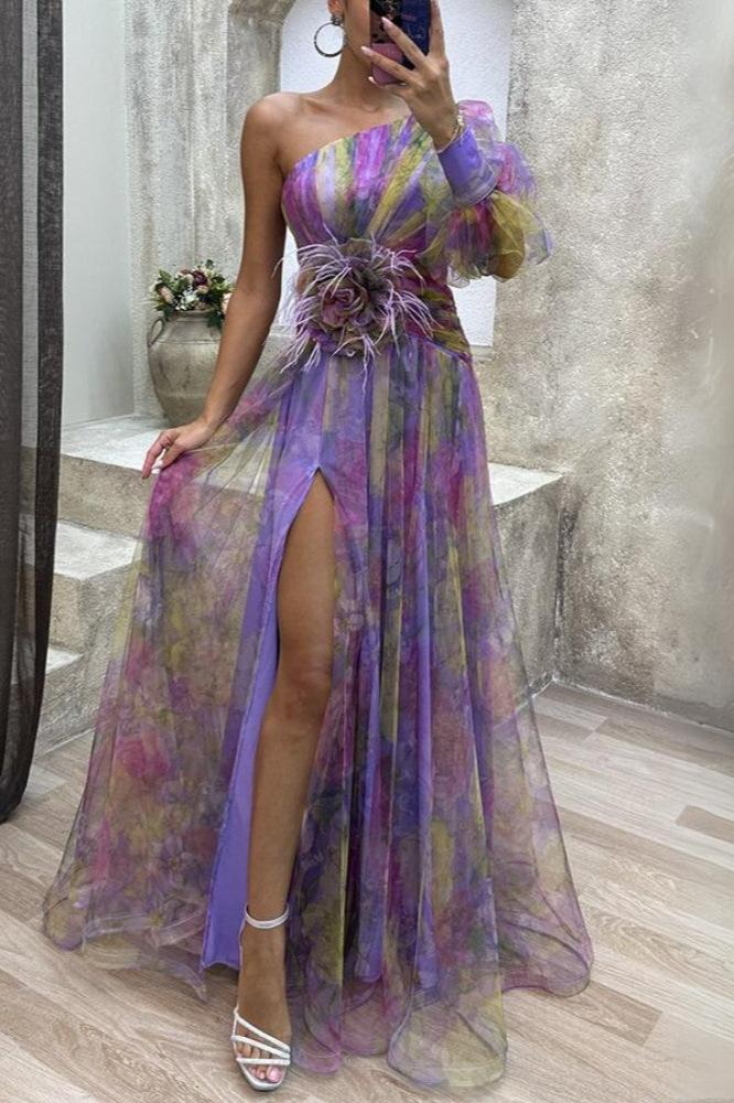 Kayla - Lang asymmetrisk blomsterkjole