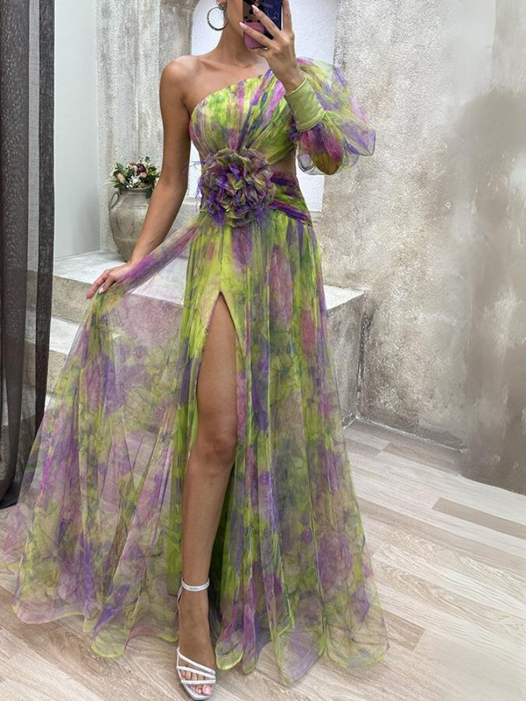 Kayla - Lang asymmetrisk blomsterkjole