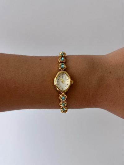 Jo Jasmine Vintage Blå Diamant Guld Kvinders Ur Delikat