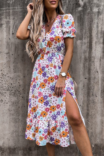Georgia - Lang kjole med blomster og V-hals