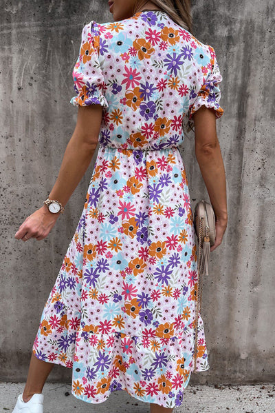 Georgia - Lang kjole med blomster og V-hals