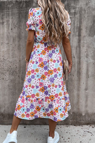Georgia - Lang kjole med blomster og V-hals