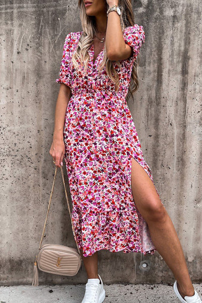 Georgia - Lang kjole med blomster og V-hals