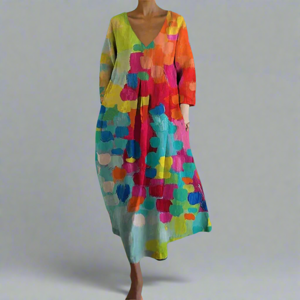 Cheryl | Farverig V-Hals Maxi Kjole
