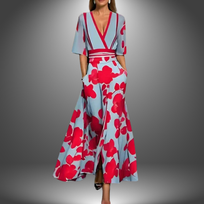 Margrethe | Chic blomstret maxikjole med V-hals