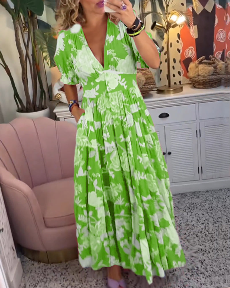 Catrisa™ - Blomsterprint V-Udskæring Kjole med Lommer