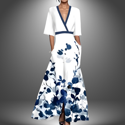 Margrethe | Chic blomstret maxikjole med V-hals