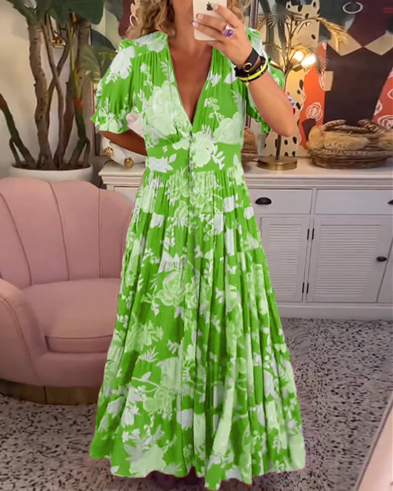 Catrisa™ - Blomsterprint V-Udskæring Kjole med Lommer