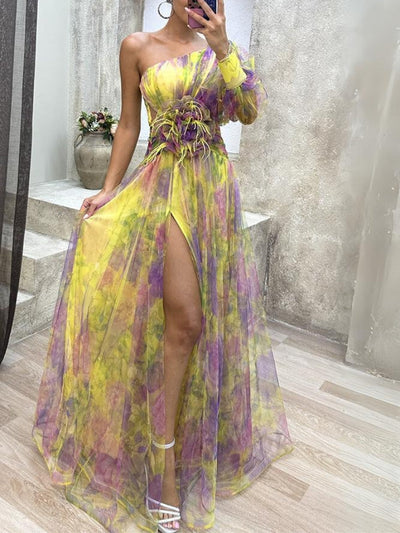 Kayla - Lang asymmetrisk blomsterkjole