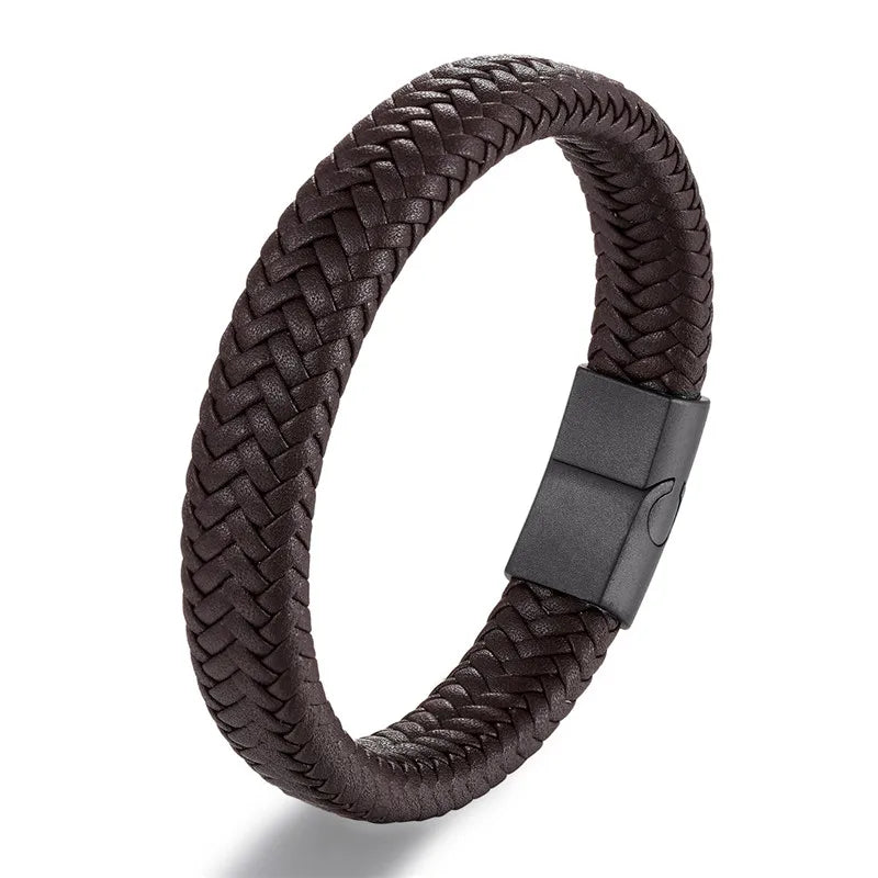 Vortex Flettet Læderarmbånd – Punk Stil med Sort Rustfrit Stål Magnetlås, Dristigt Vævet Design til Mænd