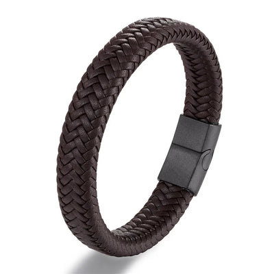 Vortex Flettet Læderarmbånd – Punk Stil med Sort Rustfrit Stål Magnetlås, Dristigt Vævet Design til Mænd