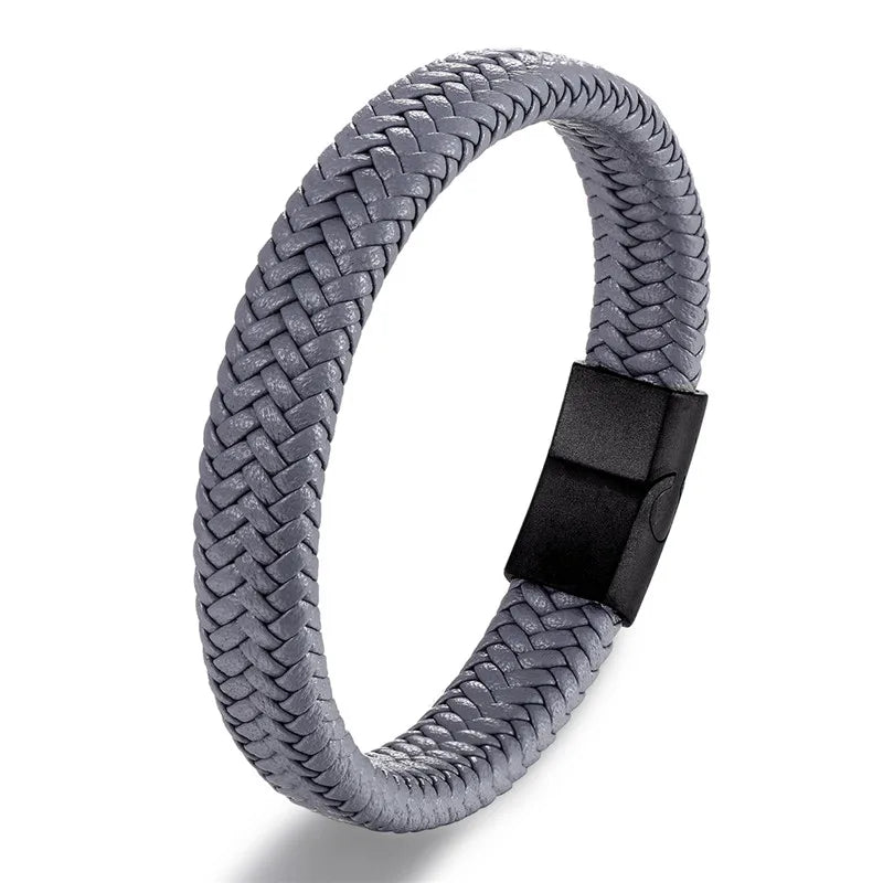 Vortex Flettet Læderarmbånd – Punk Stil med Sort Rustfrit Stål Magnetlås, Dristigt Vævet Design til Mænd