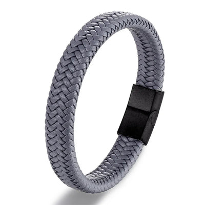 Vortex Flettet Læderarmbånd – Punk Stil med Sort Rustfrit Stål Magnetlås, Dristigt Vævet Design til Mænd