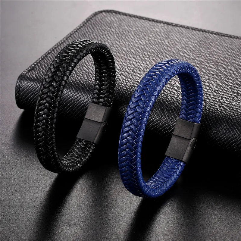 Vortex Flettet Læderarmbånd – Punk Stil med Sort Rustfrit Stål Magnetlås, Dristigt Vævet Design til Mænd