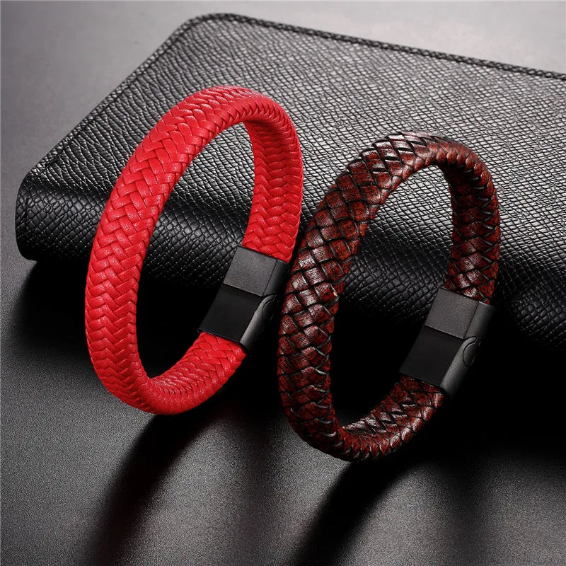 Vortex Flettet Læderarmbånd – Punk Stil med Sort Rustfrit Stål Magnetlås, Dristigt Vævet Design til Mænd