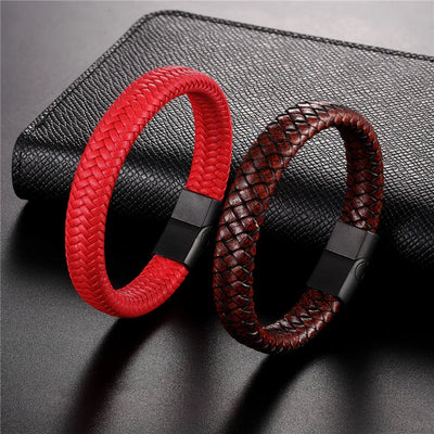 Vortex Flettet Læderarmbånd – Punk Stil med Sort Rustfrit Stål Magnetlås, Dristigt Vævet Design til Mænd