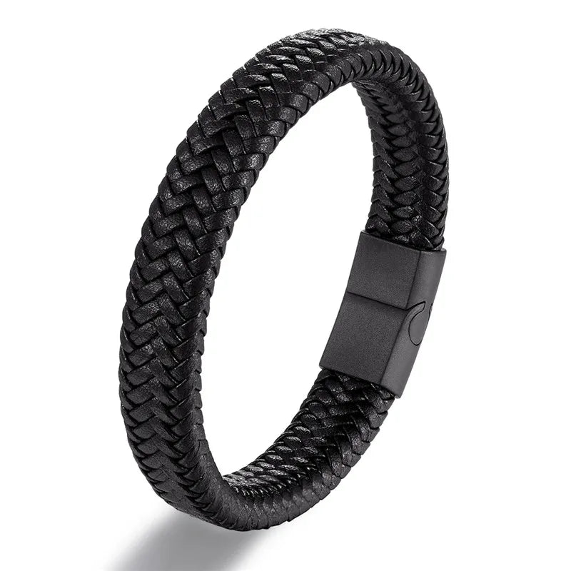 Vortex Flettet Læderarmbånd – Punk Stil med Sort Rustfrit Stål Magnetlås, Dristigt Vævet Design til Mænd