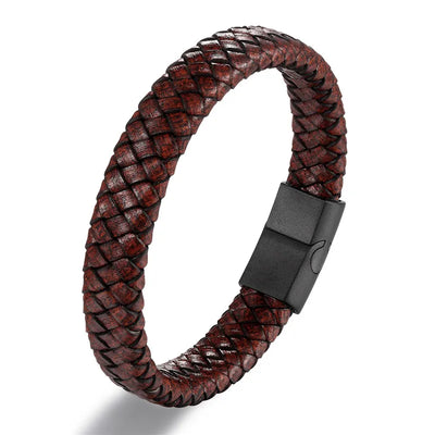 Vortex Flettet Læderarmbånd – Punk Stil med Sort Rustfrit Stål Magnetlås, Dristigt Vævet Design til Mænd