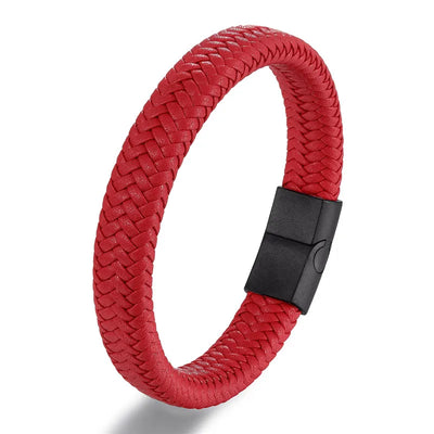 Vortex Flettet Læderarmbånd – Punk Stil med Sort Rustfrit Stål Magnetlås, Dristigt Vævet Design til Mænd