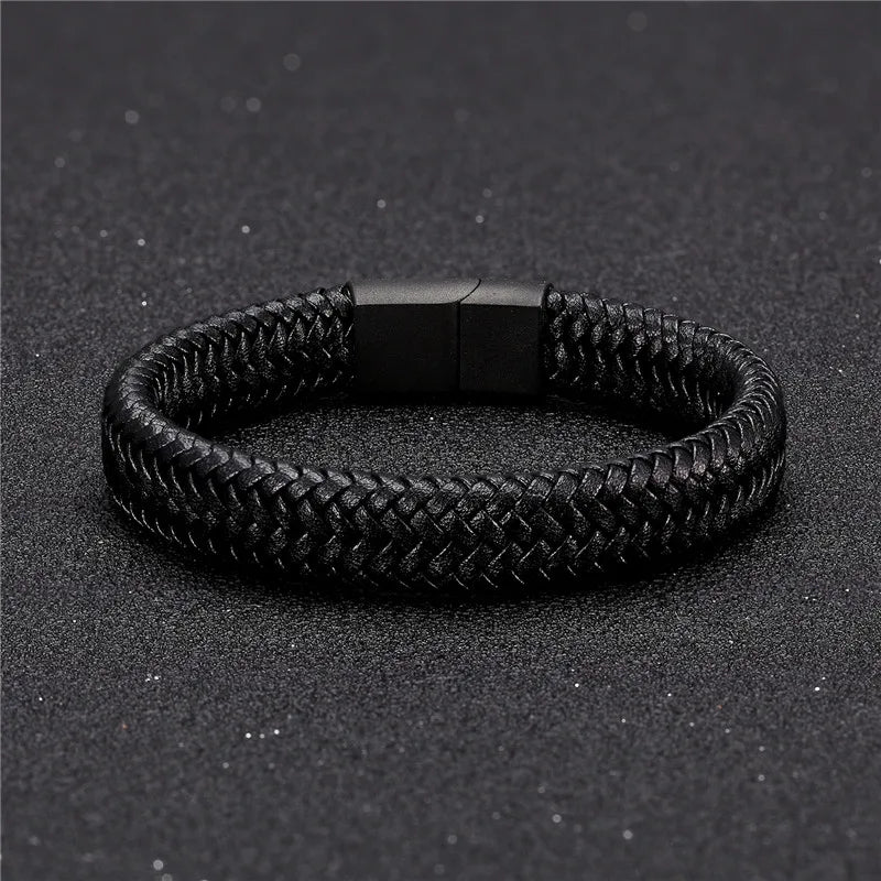 Vortex Flettet Læderarmbånd – Punk Stil med Sort Rustfrit Stål Magnetlås, Dristigt Vævet Design til Mænd