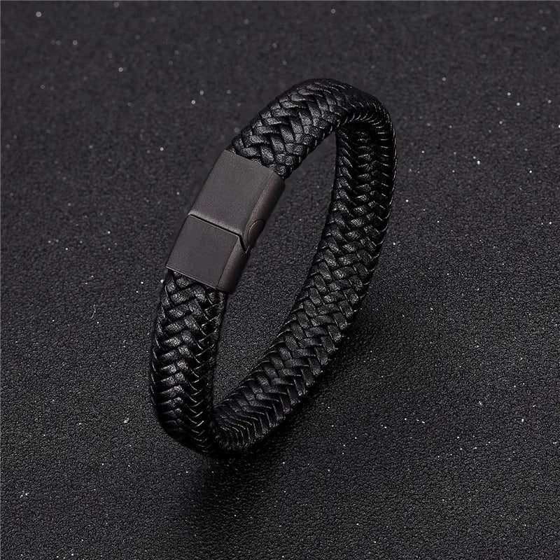 Vortex Flettet Læderarmbånd – Punk Stil med Sort Rustfrit Stål Magnetlås, Dristigt Vævet Design til Mænd