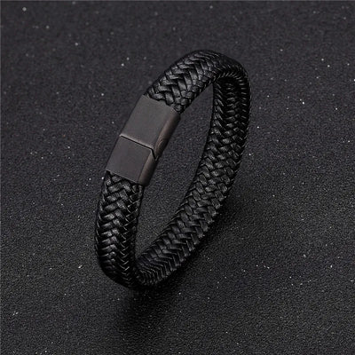 Vortex Flettet Læderarmbånd – Punk Stil med Sort Rustfrit Stål Magnetlås, Dristigt Vævet Design til Mænd