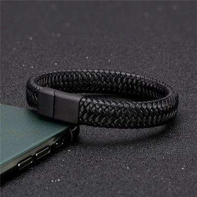 Vortex Flettet Læderarmbånd – Punk Stil med Sort Rustfrit Stål Magnetlås, Dristigt Vævet Design til Mænd