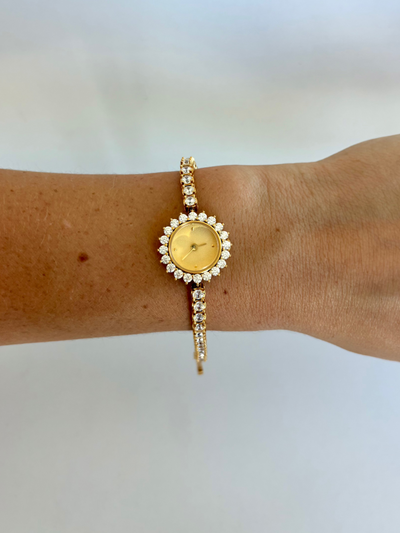 Delikat Krystal Kvinders Vintage Quartz Ur Armbåndsur Guld tone