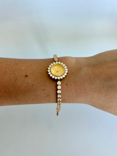 Delikat Krystal Kvinders Vintage Quartz Ur Armbåndsur Guld tone