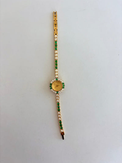 Delikat Krystal Grøn Kvinders Vintage Kvarts Ur Armbåndsur Guld tone