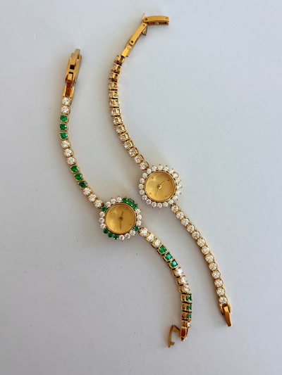 Delikat Krystal Grøn Kvinders Vintage Kvarts Ur Armbåndsur Guld tone