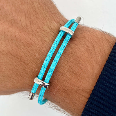 Vævet stålreb armbånd sølv lyseblå