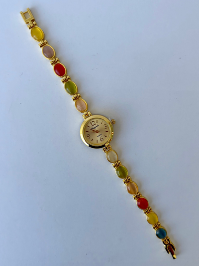 Vintage Pastel Farverig Guld Ansigt Kvinders Runde Armbånds Ur Lille Delikat Ansigt