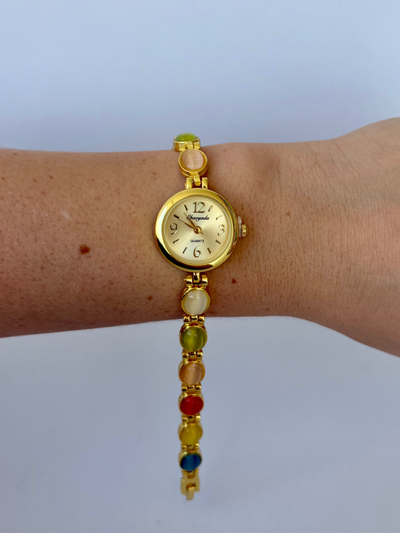 Vintage Pastel Farverig Guld Ansigt Kvinders Runde Armbånds Ur Lille Delikat Ansigt