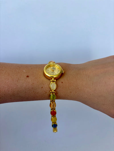 Vintage Pastel Farverig Guld Ansigt Kvinders Runde Armbånds Ur Lille Delikat Ansigt