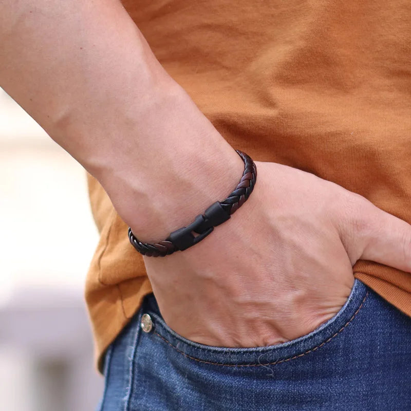Elysian Flettet Læderarmbånd - Rustfrit Stål Spænde & Multilags Indpakning til Mænd
