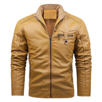 Johan™ Sand – Beige læderjakke med ståkrave og diskrete detaljer