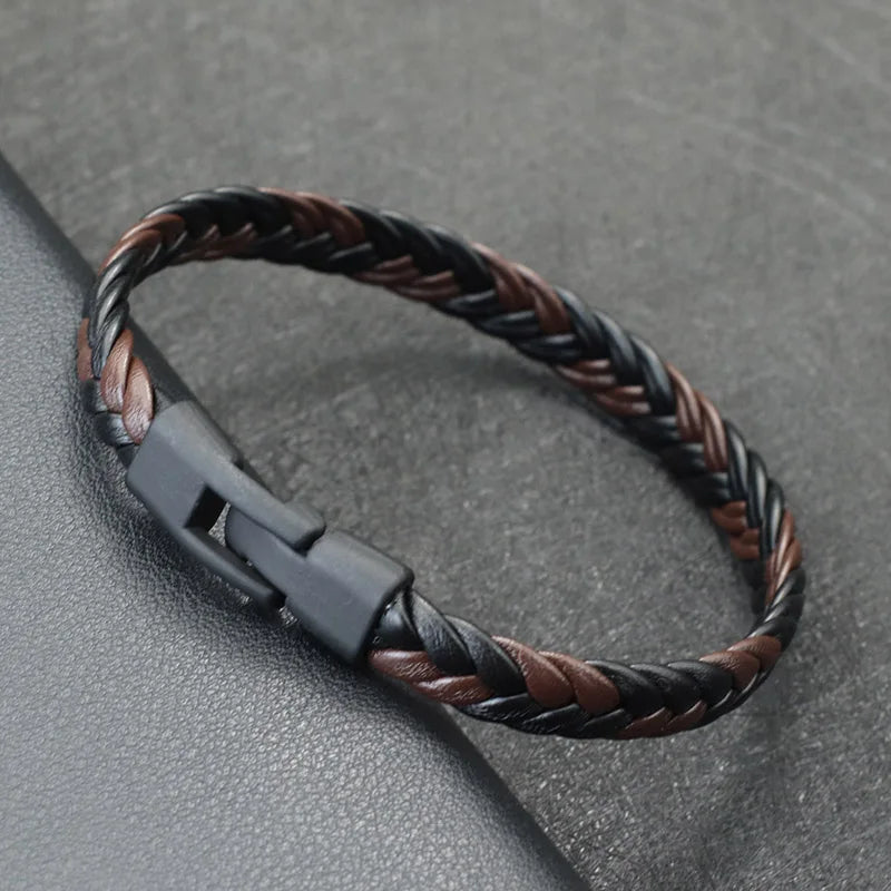 Elysian Flettet Læderarmbånd - Rustfrit Stål Spænde & Multilags Indpakning til Mænd