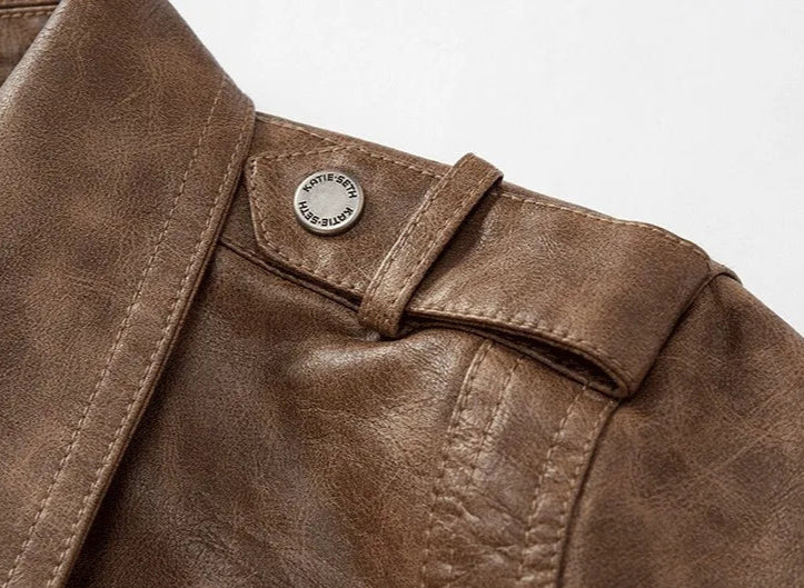 Frederik™ Rå – Brun læderjakke med vintage struktur og brede skuldre